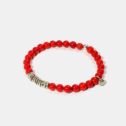 Round Red Coral Beads Silver Charm Bracelet- BRACELET of KEIO -
