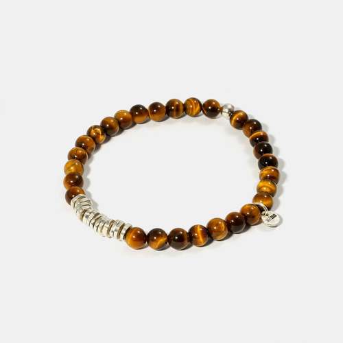 Round Tigers Eye Beads Silver Charm Bracelet- BRACELET of KEIO -